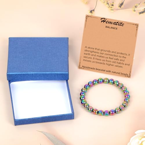 LPBeads Handmade Natural Gemstone Stretch Elastic Bracelet Healing Crystal Round Stone Beads Jewelry Gifts for Women Men - color: Rainbow Coated Hematite, size: 8mm