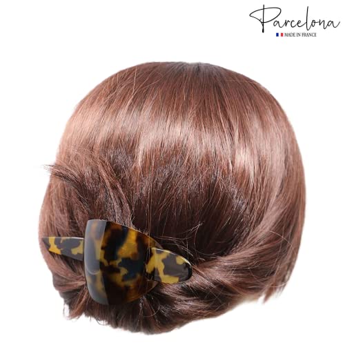Parcelona French Classic Light Tortoise Shell Large 3” Celluloid Bun Holder Slider Pin Thru Hair Clip with Stick