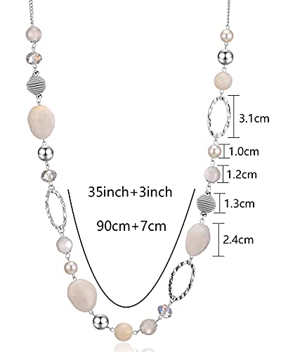 BULINLIN Beaded Long Necklace for Women Silver Sweater Chain Necklace with Crystal Resin Beads, Fashion Jewelry Necklace - color: White
