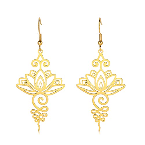 TEAMER Stainless Steel Lotus Flower Dangle Earrings Bohemian Drop Earring Unique Geometric Jewelry for Women - color: Lotus 2-Gold
