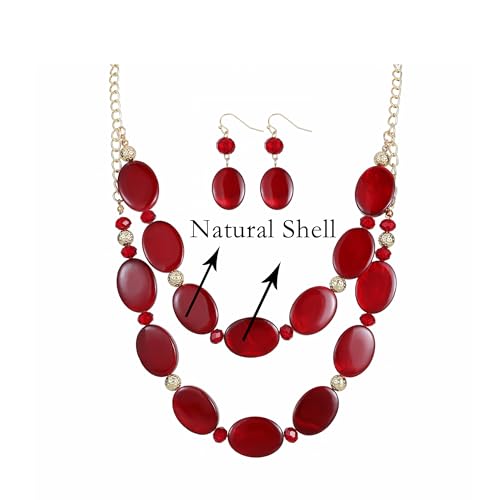 2 Layered Chunky Beaded Shell Necklace for Women Sea Shell blue/yellow/red/green/turquoise/teal/white Statement Necklace and Earring Set Elegant Women Necklace Set Jewelry Sets for Women - color: Burgundy