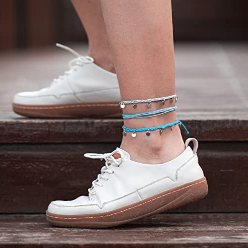 FANCY SHINY String Ankle Bracelets Waterproof Rope Anklets Braided Beach Boho Coin Anklets Cute Friendship Foot Jewelry for Women - style: Blue/Gray