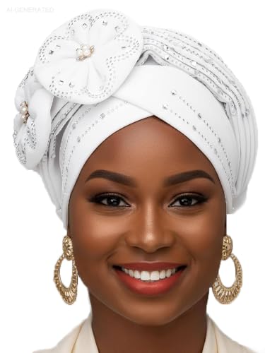 Woeoe Beanie Cap Head Wrap Black Rhinestones Head Scarf Flower Pearls Twisted Head Turban for Women Girls - color: White