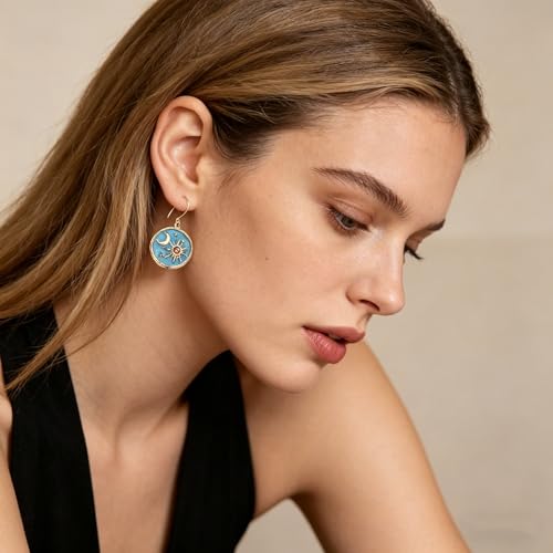 MALOYANVE Vintage Sun and Moon Drop Dangle Earrings for Women Unique lightweight Handmade Retro Boho Antiqued Gold Silver Round Coin Earrings for Women Jewelry - color: Gold Blue Earrings and Necklace