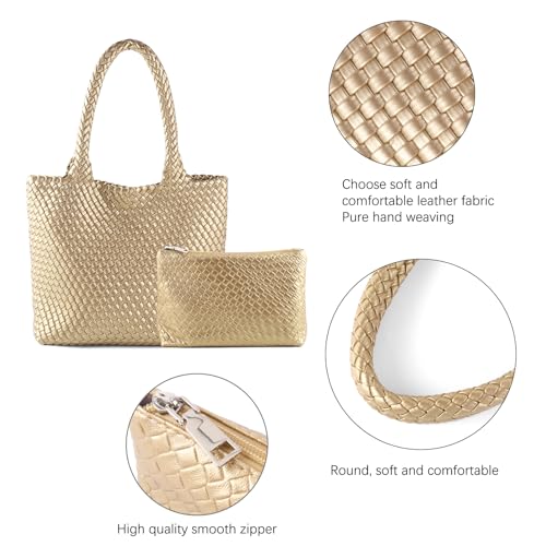 Hand Woven Bag Tote BagS For Women Top Handle Shoulder Vegan Leather Large Travel Beach Hobo Handbag - color: Gold
