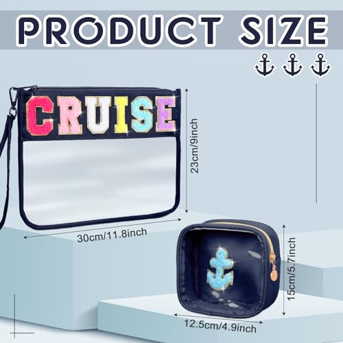 Hillban 2 Pcs Cruise Gifts Chenille Letter Bags Nautical Anchor Makeup Cosmetic Bags Sunscreen Clear Toiletry Travel Pouch Waterproof Purse Sailboat Cruise Survival Kit Portable Storage Organizer - style: Cruise Theme