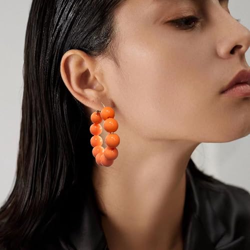 Summer Candy Colored Bead Earrings Lightweight Dainty Acrylic Geometry Hoop Earrings for Women Cute Boho Chic Handmade Jewelry - color: Orange