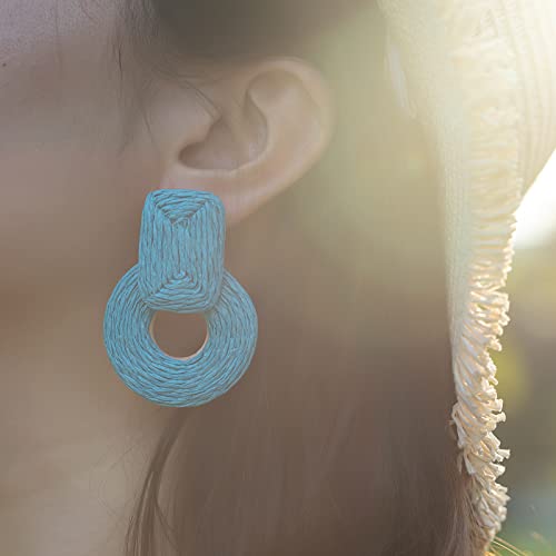 Statement Raffia Earrings Cute Boho Earrings Rattan Dangle Earrings Handmade Straw Wrap Earrings Summer Drop Dangling Earrings for Women Teen Girls - color: Blue