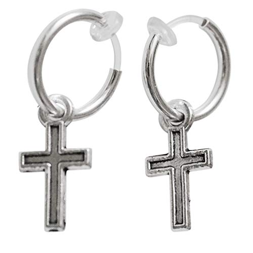 Silver Small for Women Comfortable Plastic Invisible Clip On Hoop Earrings Men Fake Nose Ring Faux Lip Septum Ring Fake Cartilage Earrings 12 mm Spike Cross Feather 15mm Unisex Gold Non Piercing Lobes - color: Small Cross