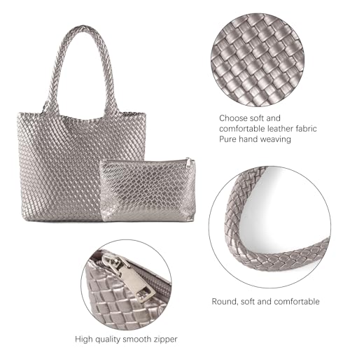 Hand Woven Bag Tote BagS For Women Top Handle Shoulder Vegan Leather Large Travel Beach Hobo Handbag - color: Silver Grey