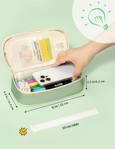 SUNEE Cute Pencil Case, Large Pencil Pouch, Aesthetic Big Pencil Bag with Zipper, Kawaii Stationery Storage and Organizer, School Supplies for Boys and Girls Teen, Heavy Duty Oxford Canvas, Sage Green - color: Sage Green