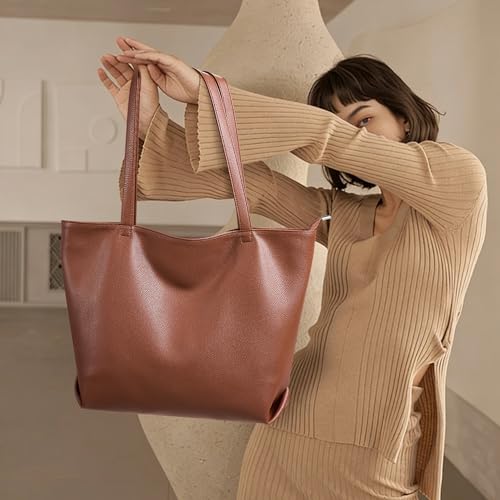 WLLWOO Soft Vegan Leather Tote Bag for Women Large Casual Hobo Handbags Zipper Shoulder Work Daily Weekender Travel Purse - color: Brown