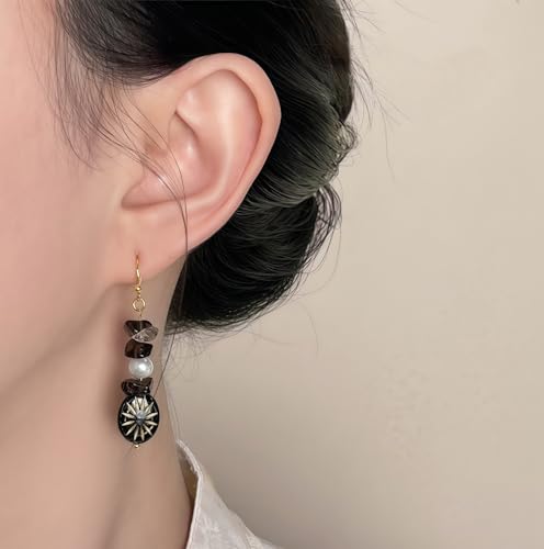 Boho Earrings for Women Natural Stone Beaded Handmade Vintage Dangle Earrings Bohemian Lightweight Hypoallergenic Jewelry for Dailywear Festival Occasions - color: Black stone