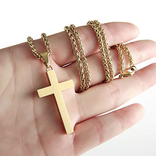 P. BLAKE Cross Necklace for Men Boys- Stainless Steel Cross Pendant with 16-24 Inches Chain Christian Religious Jewelry Gifts - size: 24 inches, style: Gold Pendant 1.7*0.9