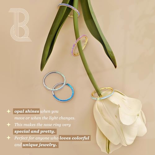BodyBonita Hinged Opal Nose Rings Hoops - 16G/18G/20G 316L Surgical Steel Hinged Hoop Nose Rings Septum Rings Conch Helix Daith Piercing Jewelry Purple/Pink/Blue/White 10mm/8mm Silver/Gold Plated