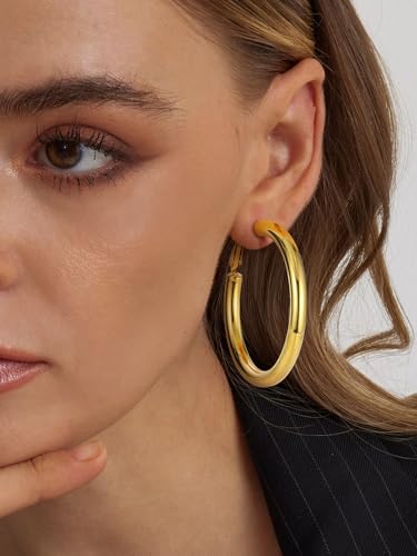 Stainless Steel Chunky Hoop Earrings For Women, Minimalist and Chic, Black/Gold Plated, Round Hoops Earrings Hypoallergenic, Size: 30mm/40mm/60mm/80mm, Come with Box - color: 1. Gold, size: 50MM
