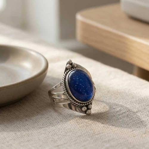 Handmade 925 Sterling Silver Plated Ring Natural Gemstone Carnelian, Rose Quartz, Tiger Eye, Crystal Oval Boho Jewelry For Women - color: Blue Sunstone