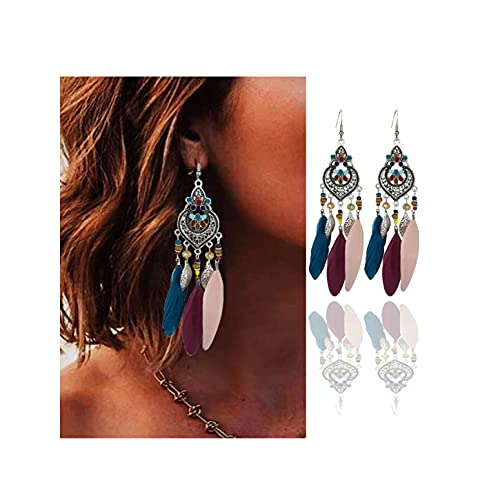 Bohemian Earrings Feather Tassel Silver Ethnic Retro Boho Dangle Earring Bead Women Jewelry for Birthday Party Gifts (Multicolor) - color: Multicolor