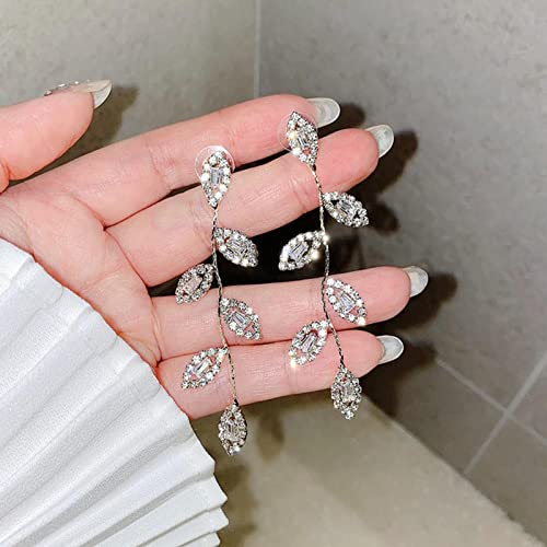 Dangling Earrings for Women Bridal Earrings for Wedding Rhinestone Wedding Prom Anniversary Delicate Leaf silver drop Earrings Long Earrings- Elegant Earrings - color: 01 Leaf Silver