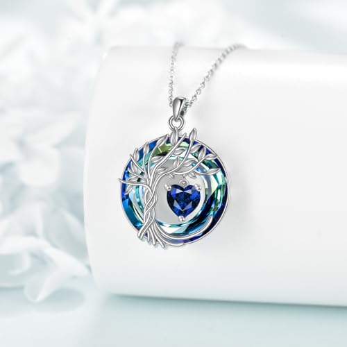 POPLYKE Mothers Day Gifts for Mom Her Wife Tree of Life Necklace 925 Sterling Silver Birthstone Pendant with Crystal Anniversary Birthday Wedding Jewelry for Women - color: 09-Sep-Sapphire, style: White Gold Plated-Blue Crystal