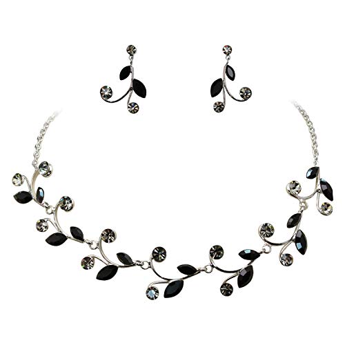 Faship Gorgeous Rhinestone Crystal Floral Necklace Earrings Set - color: Black