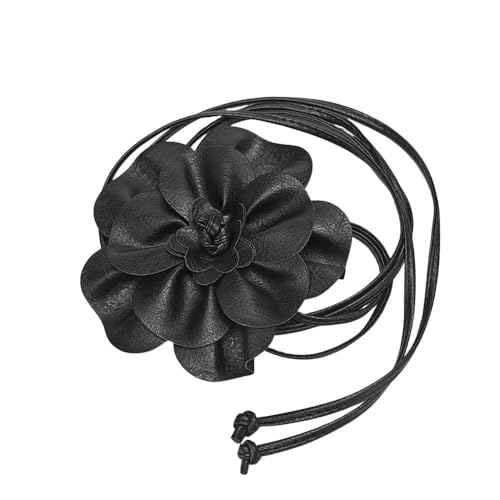 Boho Big Flower PU Leather Waist Belt Chain for Women Rose Floral Camellia Long Tassel Adjustable Waist Band Jewelry - color: Black