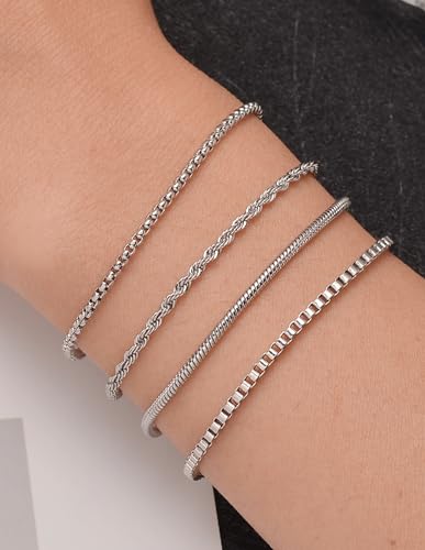 6Pcs Stainless Steel Chain Bracelets for Men Women 2mm Cuban Snake Twists Rope Box Beads Paperclip Link Chain Bracelet Sets Jewelry Gifts 7 Inches Length Adjustable - style: A:6 Silver-Chains