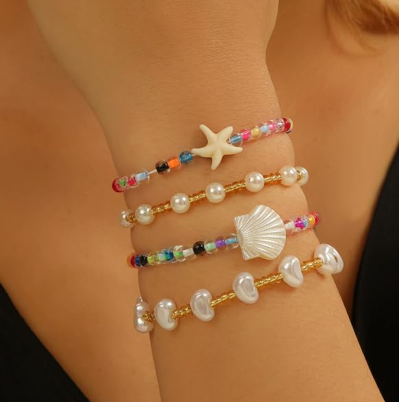 XAM 4pcs Bohemian Beach Charm Bracelet Set - Starfish & Shell Summer Jewelry for Vacation - color: A