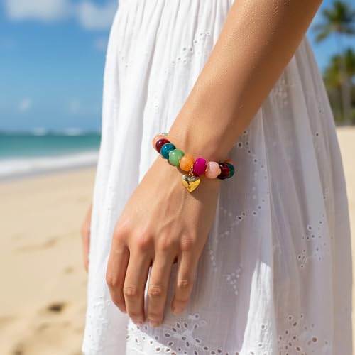 Chunky Beaded Bracelets for Women Boho Multicolor Acrylic Resin Beads Bracelet Adjustable Statement Bracelet Summer Beaded Jewelry - color: Heart beads bracelet-colorful