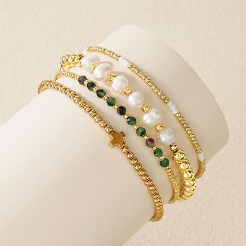 4pcs Gold Beaded Pearl Bracelets Set for Women Multi Layer Versatile Stackable Stretch Cuff Sparkly Stone Crystal Gemstone Jewelry Birthday Gifts - color: Green Agate