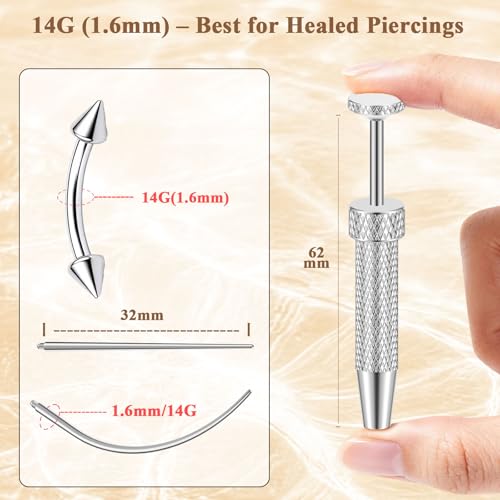 Eyebrow Piercing Jewelry Set with Tool, Surgical Steel Curved Barbell Kit with CZ, Spike & Ball Replacement Ends, Internal Thread 6mm/8mm/10mm Rook Daith Lip Rings for Women Men - color: 14G Silver