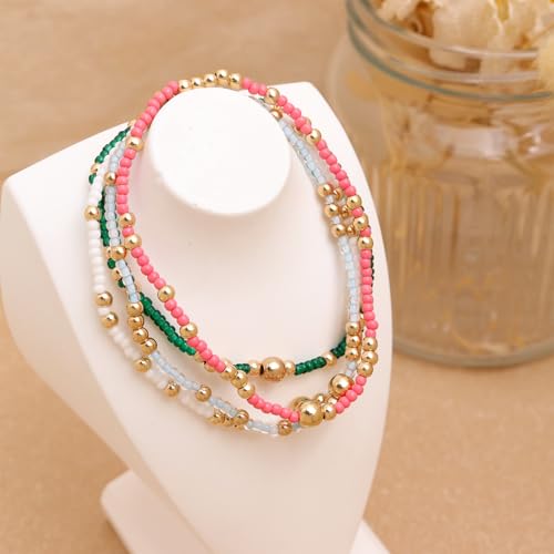 Gold Beaded Stackable Friendship Bracelets Set for Women, Handmade Boho Stretch Summer Jewelry Gift. - color: gold green pink white sky blue
