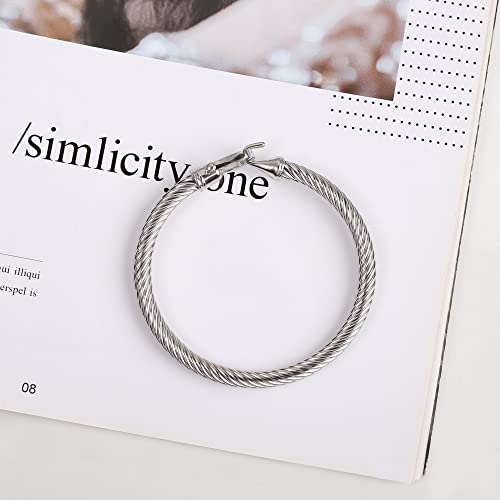 Twisted Cable Bracelet Stylish Fine Stainless Steel Cable Cuff Bracelet with Hook Clasp Bracelets Jewelry for Women - color: Silver（7.6"）
