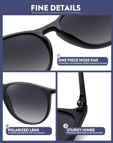 WOWSUN Retro Polarized Sunglasses Womens Trendy Round Classic Glasses - color: (2 Pack) a Black Frame Gradient Grey Lens + Matte Leopard Gradinet Brown Lens