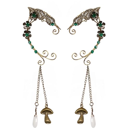 Elf Ear Cuffs, OwMell Handcraft Silver Pointed Fairy Elven Cosplay Fantasy Costume Bridal Wedding Earrings for Non Pierced Ears - style: Forest Mushroom