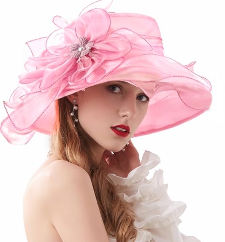 ORIDOOR Women’s Organza Church Tea Party Wedding Fascinator Derby Hat Wide Brim Sun Hats - color: C2-light Pink