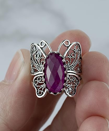 Filigranist Sterling Silver Filigree Art Butterfly Women Cocktail Ring with Gemstones - color: Ruby Corundum