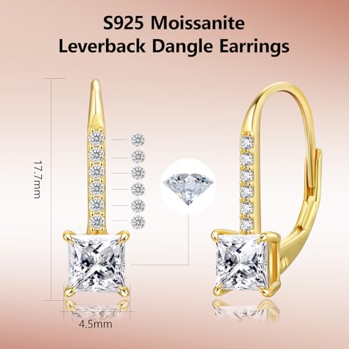 KRKC Moissanite Earrings, 1.0ct-2.0ct D Color Lab Created Diamond Earring, 14k White Gold Plated Sterling Silver Dangle Earrings S925 Leverback Drop Earring for Women Hypoallergenic Jewelry for Gifts - color: Princess-Gold-4.5mm