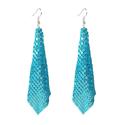 coadipress Metal Mesh Grid Sequins Tassel Long Drop Dangle Earrings for Women Trendy Lightweight Charms Disco Vintage Colorful Long Hook Earrings Bridal Wedding Jewelry - color: Blue