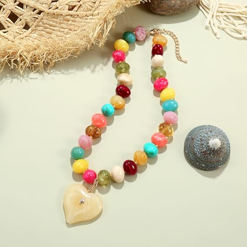 Elegance 11 designs Chunky Heart Necklace for Women, Colorful Acrylic Beaded Statement Puff Heart Necklace, Cute Boho Y2K Choker Necklace for Gift Jewelry - color: Yellow Heart Pendant Necklace
