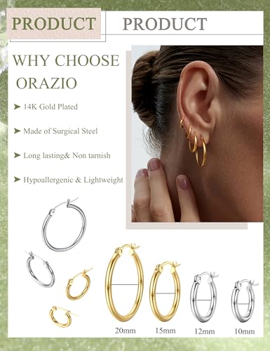 ORAZIO 4 Pairs Stainless Steel Hoop Earrings Set Cute Huggie Earrings for Women,10MM-20MM - style: E: Silver-tone,4 pairs,Gold-tone,4 pairs