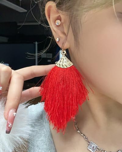 Earrings for Women Colorful Layered Leaf Earrings Bohemian Dangle Drop Tassel Silver Earrings Women Gifts - style: Red