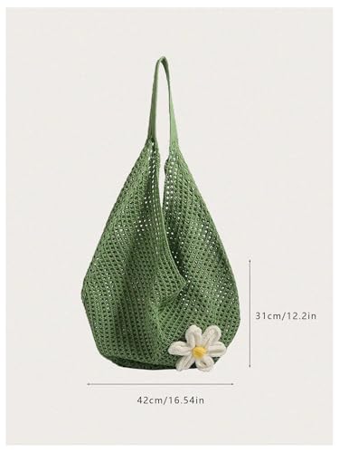 OYOANGLE Women's Floral Applique Crochet Beach Tote Bag Summer Boho Mesh Woven Tote Bag - color: Green