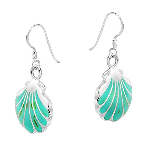 AeraVida Ocean Inspired Beach Style Seashell Shaped .925 Sterling Silver with Simulated Green Turquoise Inlays Boho Chic Fishhook Dangle Earrings