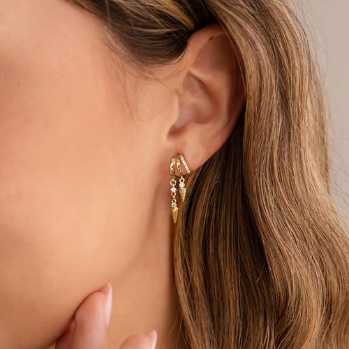 Dangle Earrings For Women, Dainty Gold Drop Statement Earrings 14K Gold Plated Long Huggie Earrings for Women Trendy Hypoallergenic Dangly Earrings Small Triple Hoops Earrings Fashion Jewelry - color: gold-two