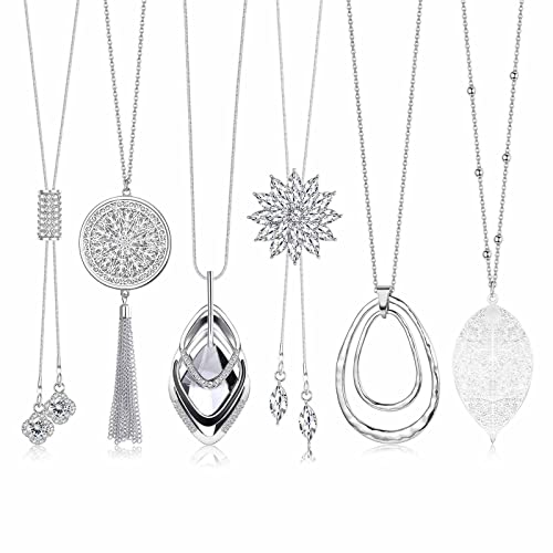Jstyle 6Pcs Long Pendant Necklaces for Women Long Sweater Necklaces Silver Flower Tassel Disk Circle Leaf Statement Sweater Chain Necklace for Women Y Necklace Set Fashion Jewelry - style: Elegant Style