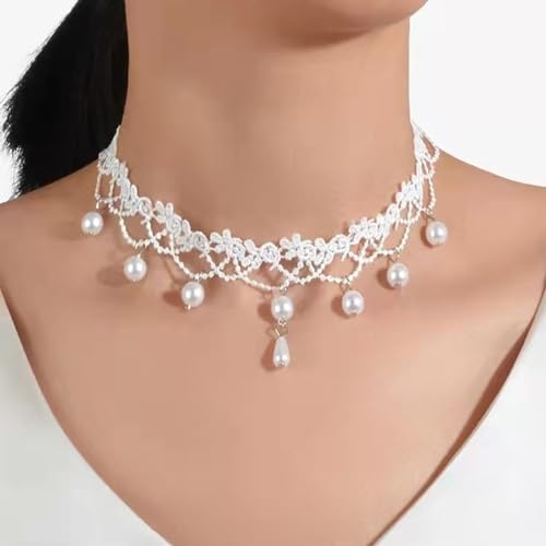 Boho Flower Pearl Lace Choker Necklace Waterdrop Pendant Necklace Choker Vintage Teardrop Clavicle Necklace Dainty Neck Chain for Bridemaids Wedding - color: white