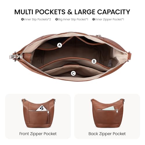 befen Genuine Leather Crossbody Hobo Purse for Women Soft Lightweight Leather Handbags with 2 Removable Straps - color: Cognac Brown