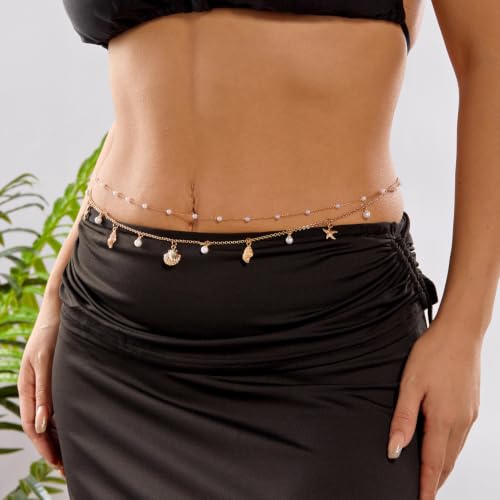 Gold Starfish Seashell Waist Chain Belt for Women Boho Mermaid Pearl Body Chain Summer Beach Vacation Bikini Jewelry Accessories - style: Pearl gold