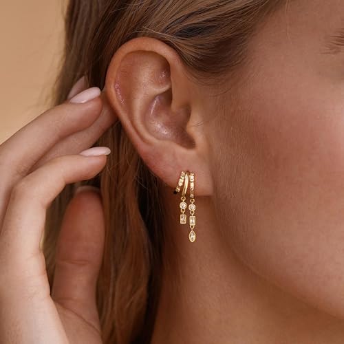 Dangle Earrings For Women, Dainty Gold Drop Statement Earrings 14K Gold Plated Long Huggie Earrings for Women Trendy Hypoallergenic Dangly Earrings Small Triple Hoops Earrings Fashion Jewelry - color: gold-square
